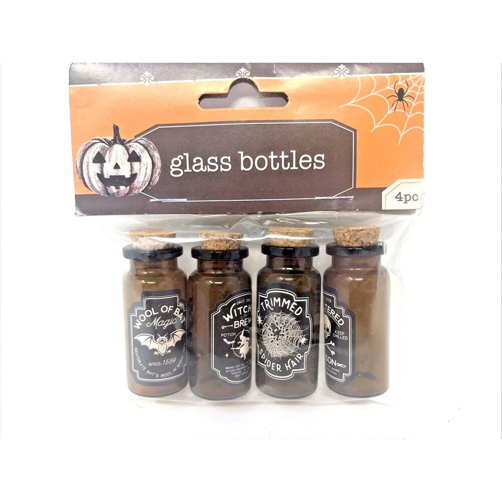 Mini Apothecary Amber Brown Glass Potion Bottles Cork Spooky Creepy 4pc Set